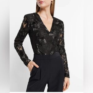 Express black lace brocade tapestry V-Neck thing body suit
